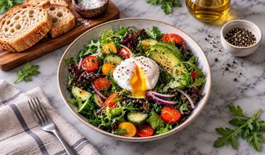 Receta El Huertico Ensalada de rúcula, aguacate y huevo poché