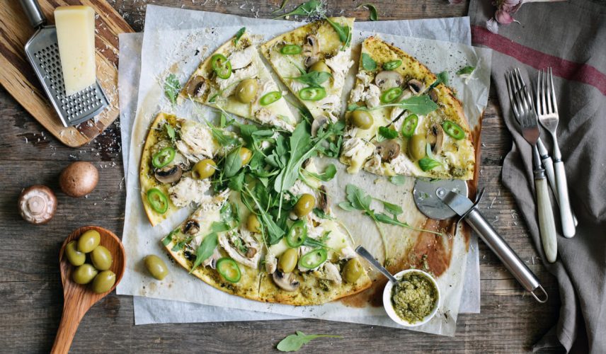 Receta_El_Huertico_Pizza_de_rúcula_pollo_champiñones
