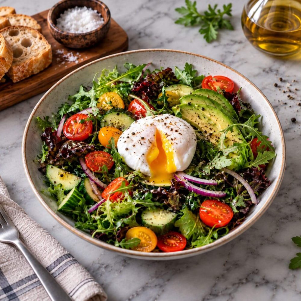 Receta El Huertico Ensalada de rúcula, aguacate y huevo poché