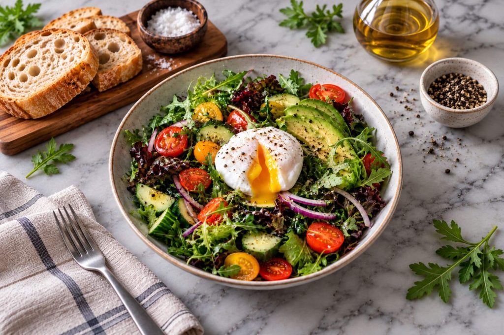 Receta El Huertico Ensalada de rúcula, aguacate y huevo poché